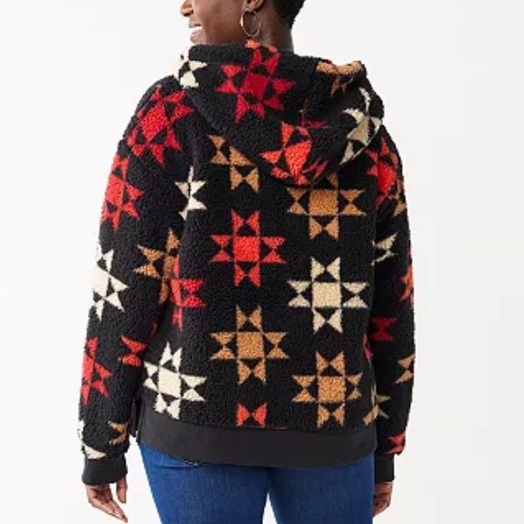 Sonoma NWT Sherpa Henley Button Aztec Faux Fur Boho Hoodie Size Large - Picture 2 of 11